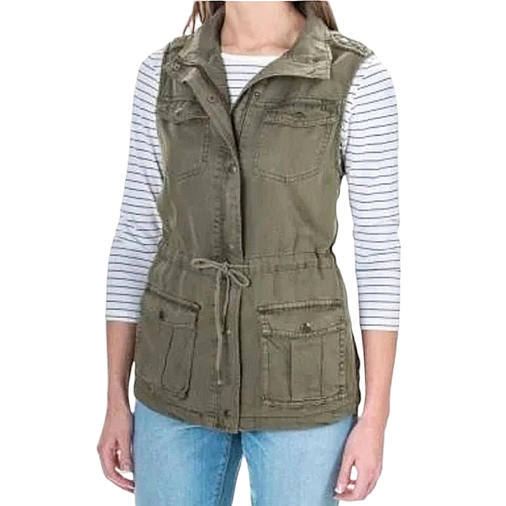 Max Jeans Olive Green Lightweight Cargo Zip Up Military Utility Vest Size M